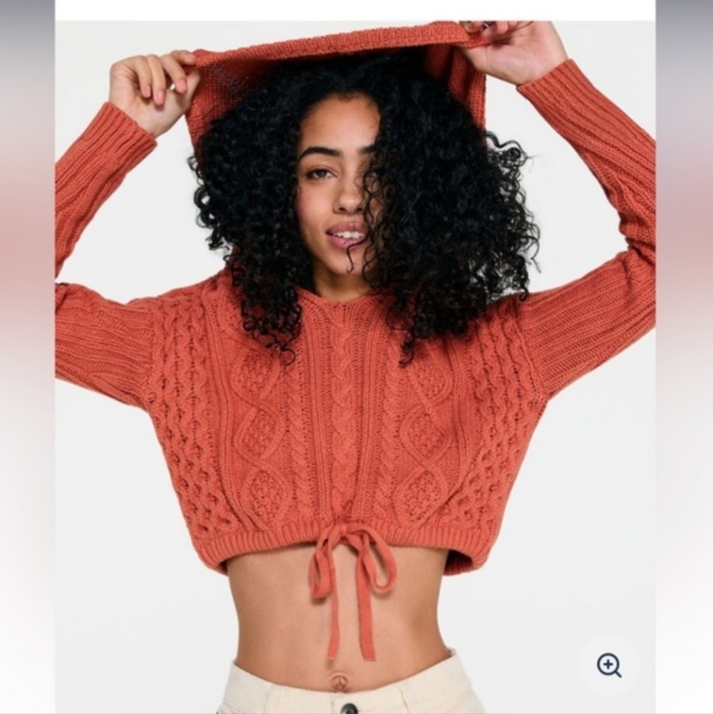 Aeropostale | Cropped Cable-Knit Hooded Sweater | Burnt Orange